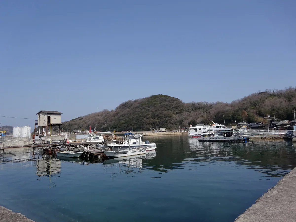 真鍋島の本浦港に係留された漁船と港沿いの家並み